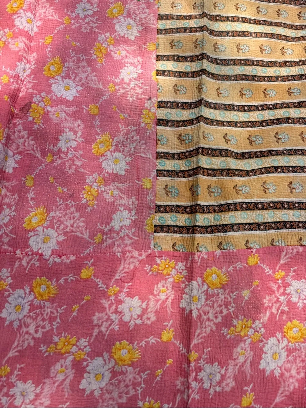 Vintage Handmade Kantha Quilt Reversible Cotton Boho Throw Blanket